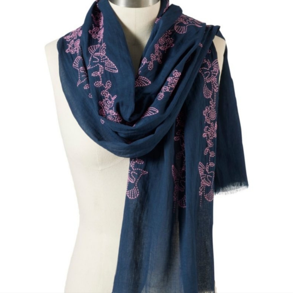 Pistil blue pink embroidered bird frayed edges cotton 20" x 72" scarf